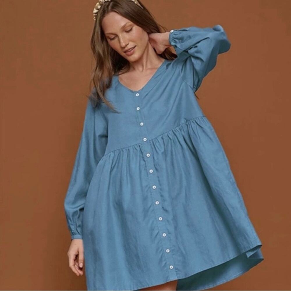 Tradlands XS Remi Mini Dress Chambray Long Sleeve 100% Cotton